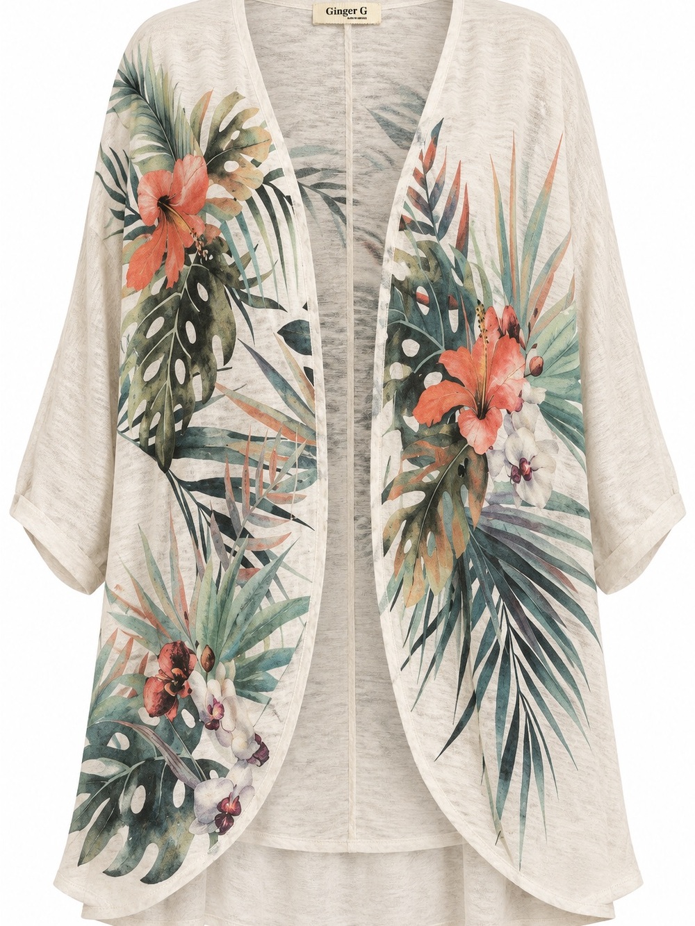Ginger G Cream Tropical Floral Open-Front Shawl